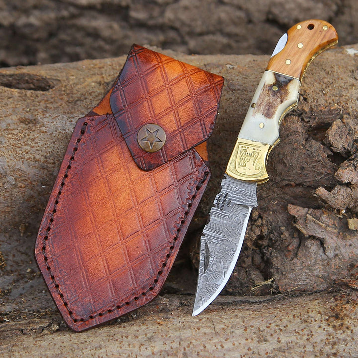 7.5 inch damascus pocket knife - Echo Damascus Pocket Knife with Stag Horn/Antler &amp; Olivewood Handle - Shokunin USA