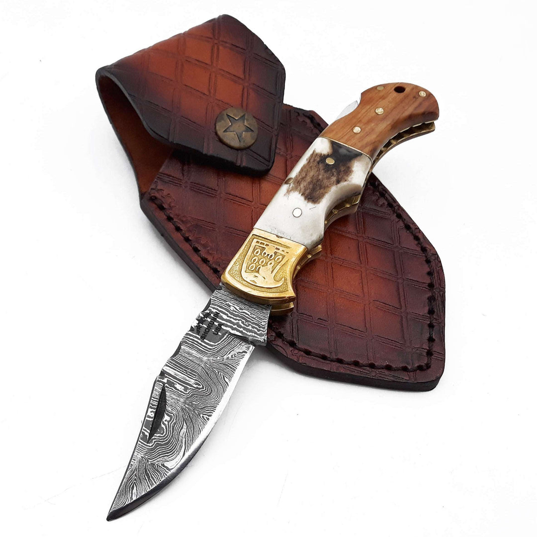 Utility Knife - Echo Damascus Pocket Knife with Stag Horn/Antler & Olivewood Handle - Shokunin USA