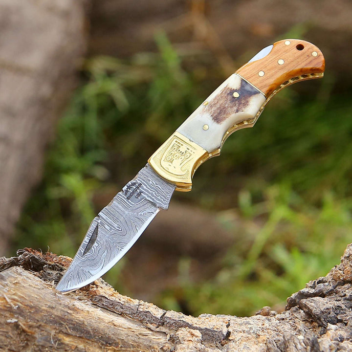 3.5 inch damascus pocket knife - Echo Damascus Pocket Knife with Stag Horn/Antler &amp; Olivewood Handle - Shokunin USA
