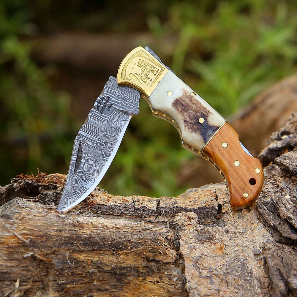 Utility Knife - Echo Damascus Pocket Knife with Stag Horn/Antler & Olivewood Handle - Shokunin USA