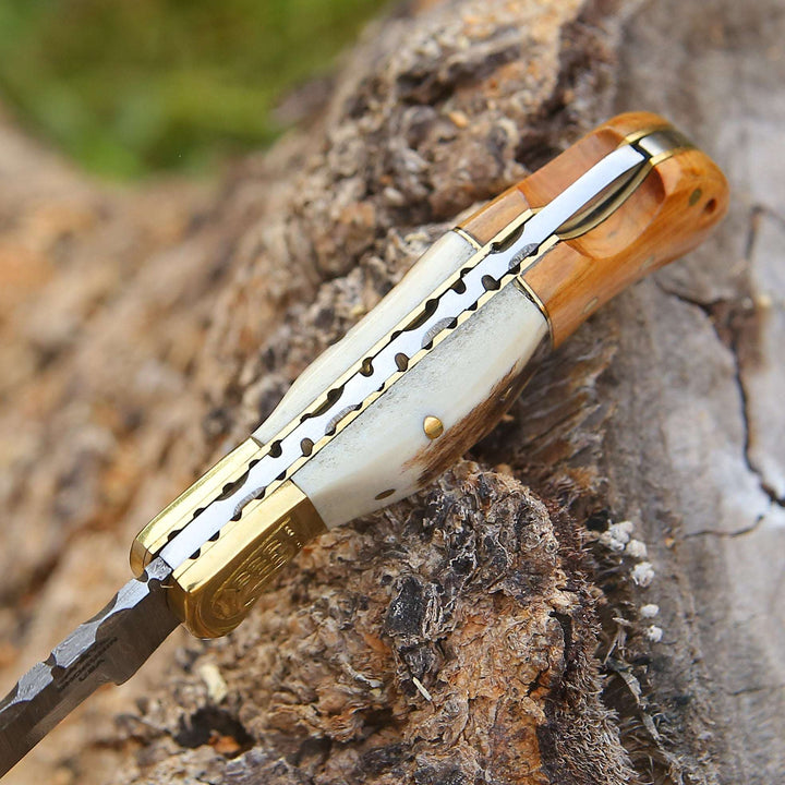 damascus pocket knife with horn handle - Echo Damascus Pocket Knife with Stag Horn/Antler &amp; Olivewood Handle - Shokunin USA