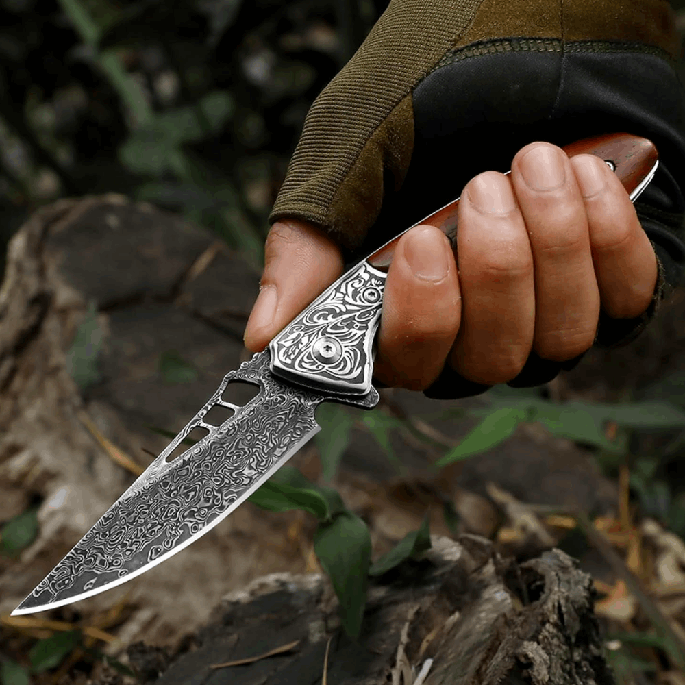 Pocket knife - Artemis Japanese VG10 Damascus Pocket Knife with Clip &amp; Exotic Red Sandal Wood Handle - Shokunin USA