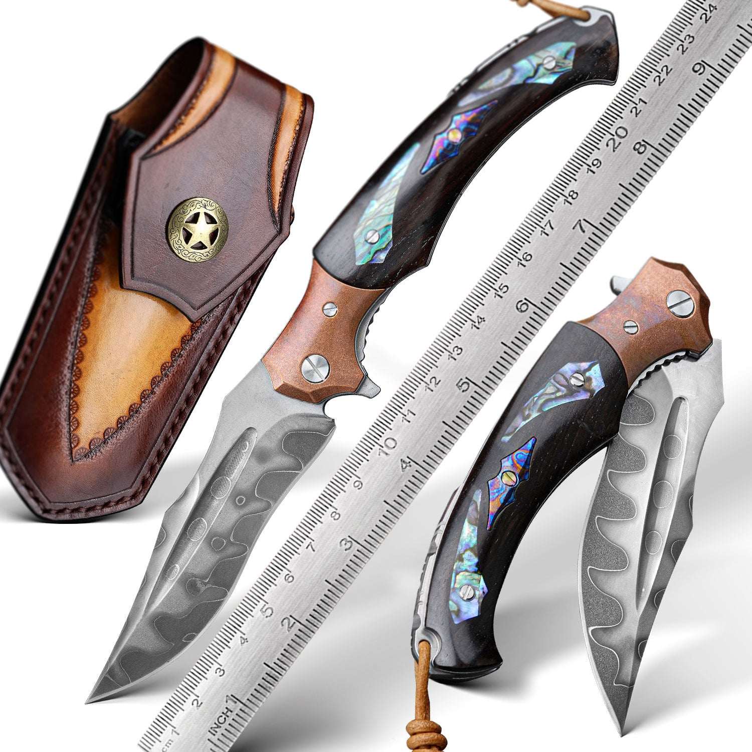 Gentleman's folder with case - Quest Damascus Pocket Knife with Ebony Wood, Timascus & Abalone Shell Handle - Shokunin USA