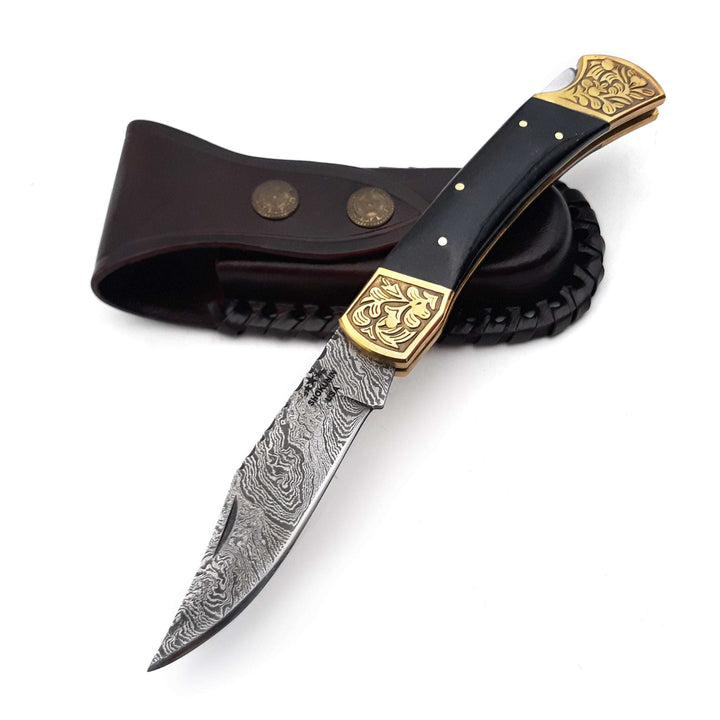 Ironstorm Handmade Damascus Pocket Knife Engraved with Leather Sheath &amp; Horn Handle