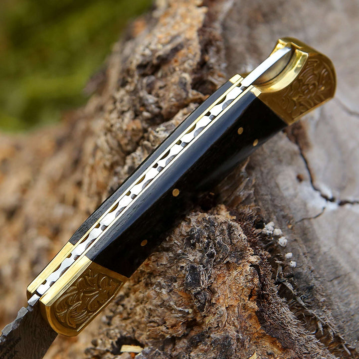 Ironstorm Handmade Damascus Pocket Knife Engraved with Leather Sheath &amp; Horn Handle
