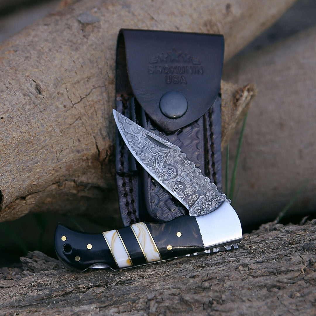 EDC pocket knives for daily use - Blaze Handmade Damascus folding knife with Sheath - Shokunin USA