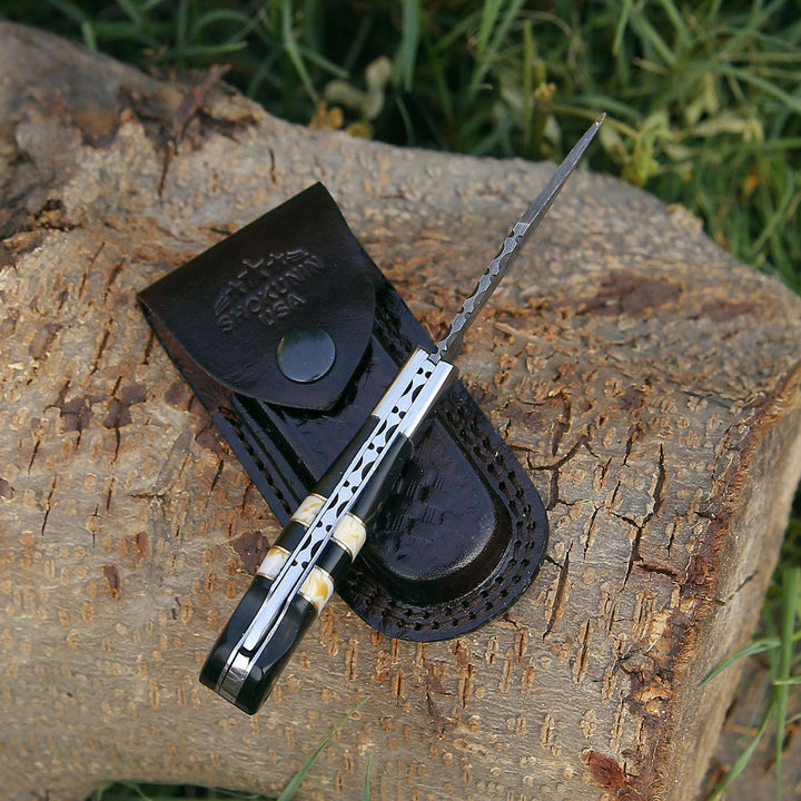 EDC pocket knives for collectors and enthusiasts - Blaze Handmade Damascus folding knife with Sheath - Shokunin USA