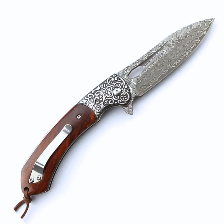 Damascus Knife - Karma Japanese VG10 Damascus EDC Pocket Knife with Clip &amp; Sandalwood Handle - Shokunin USA