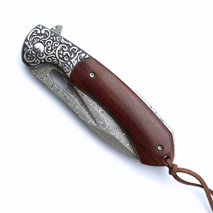 Damascus Knife - Karma Japanese VG10 Damascus EDC Pocket Knife with Clip &amp; Sandalwood Handle - Shokunin USA
