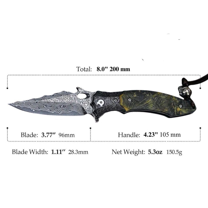 Damascus Knife - Blackbird Japanese EDC Pocket Knife with Stained Maple Burl Wood Handle - Shokunin USA