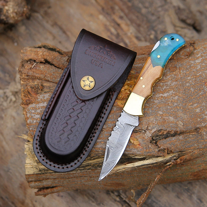 Knight Pocket Knife with Olive Wood &amp; Resin Handle - Shokunin USA