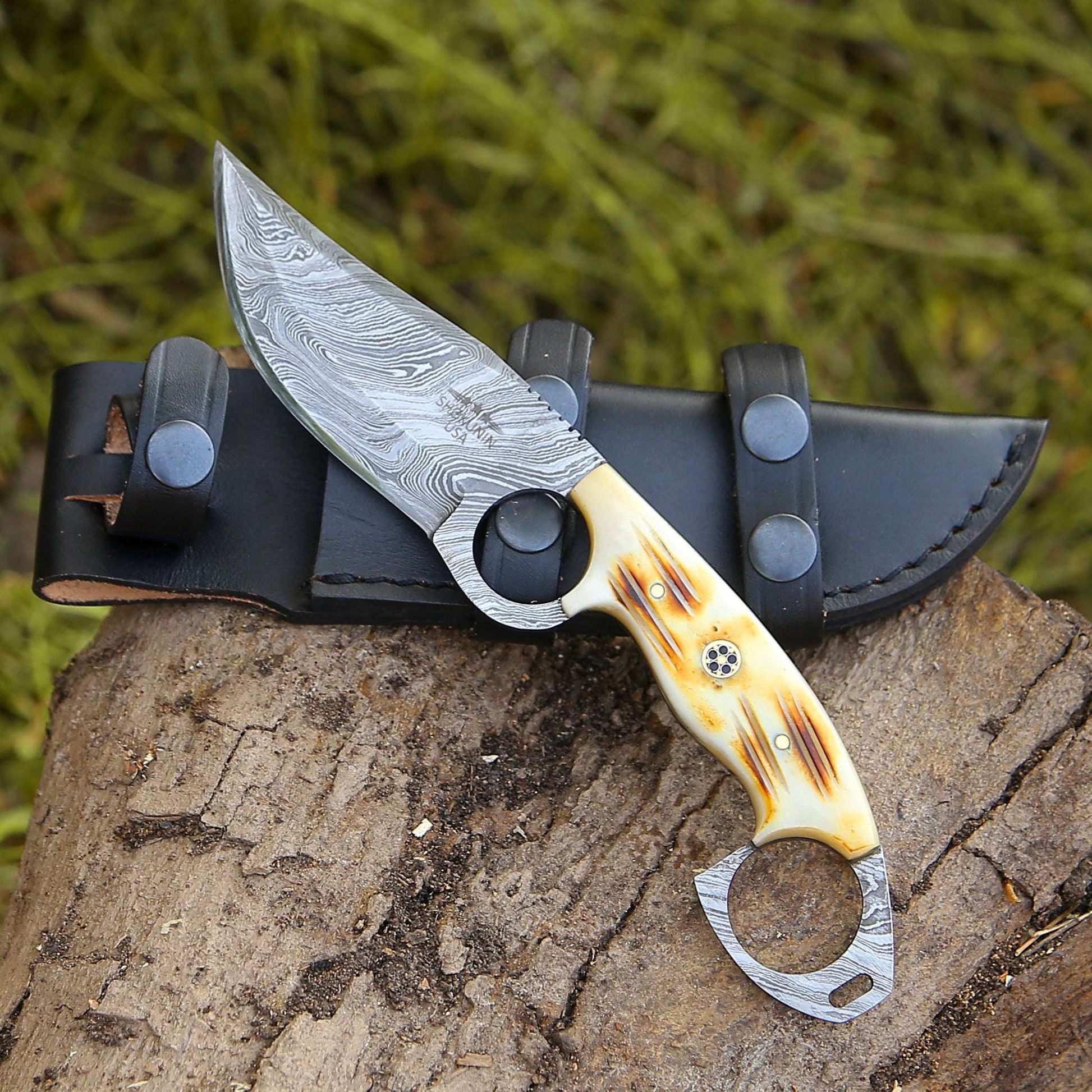 Spark Damascus EDC Knife with Charred Bone Handle - Shokunin USA
