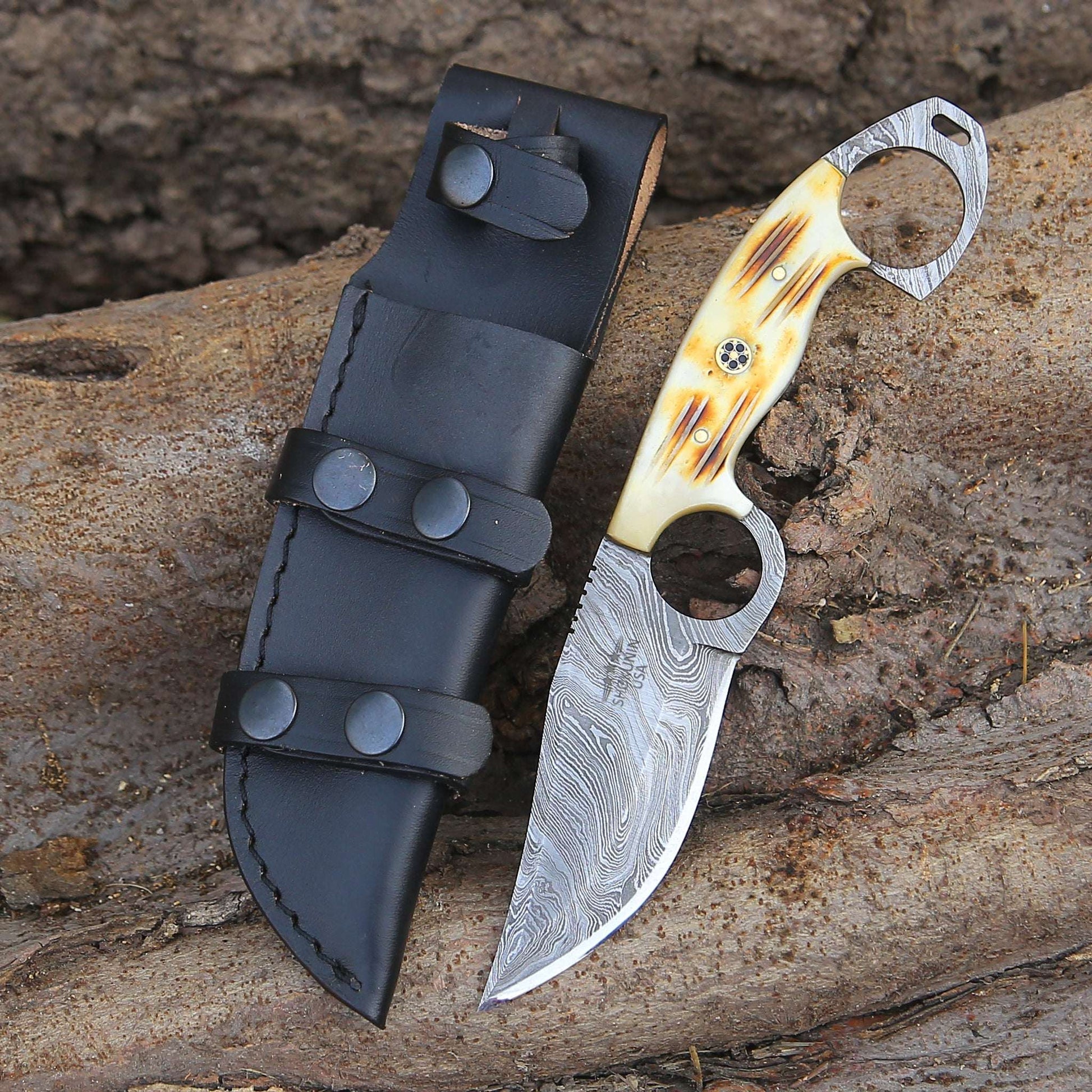 Spark Damascus EDC Knife with Charred Bone Handle - Shokunin USA