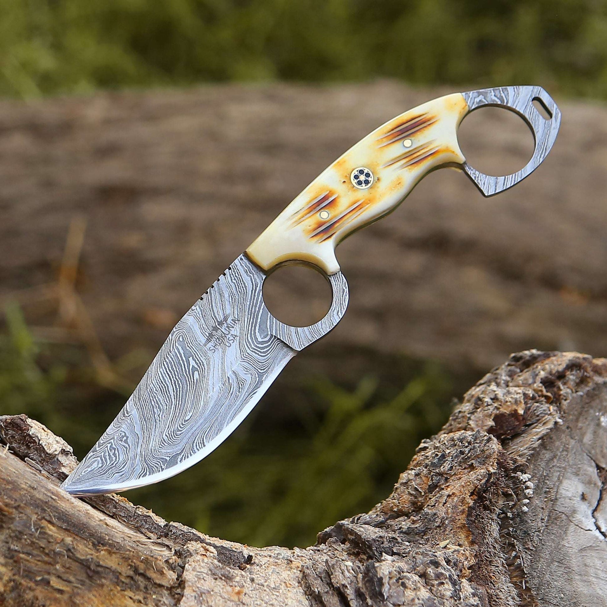 Spark Damascus EDC Knife with Charred Bone Handle - Shokunin USA
