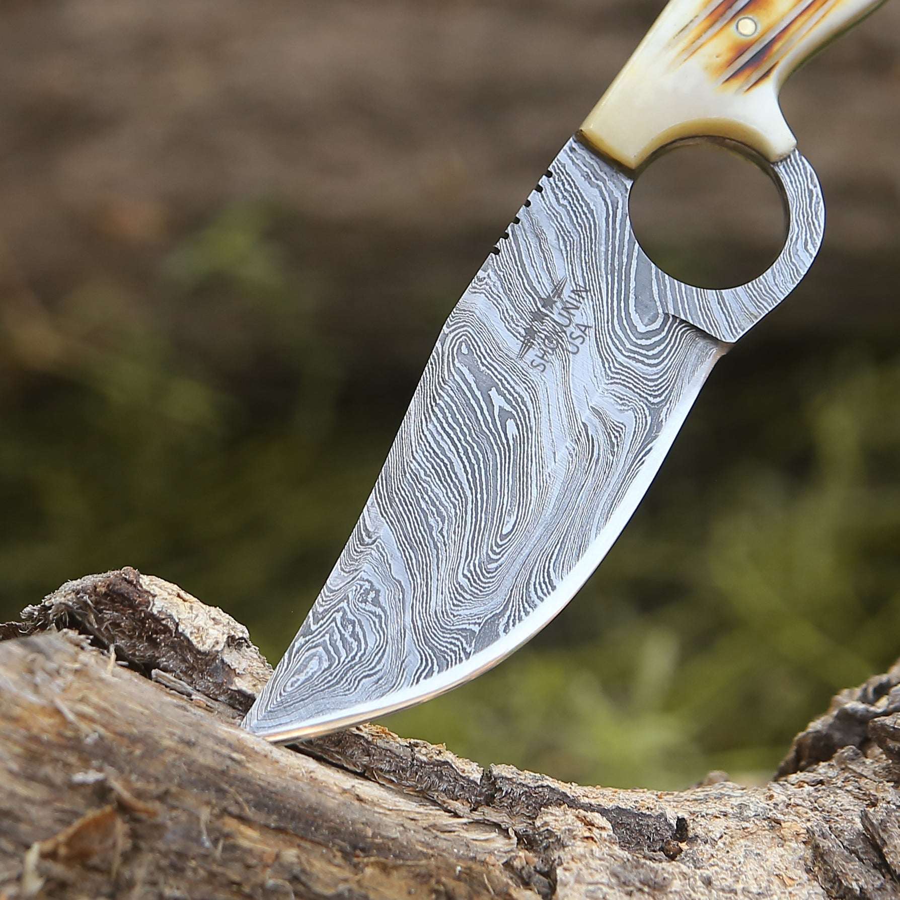 Spark Damascus EDC Knife with Charred Bone Handle - Shokunin USA