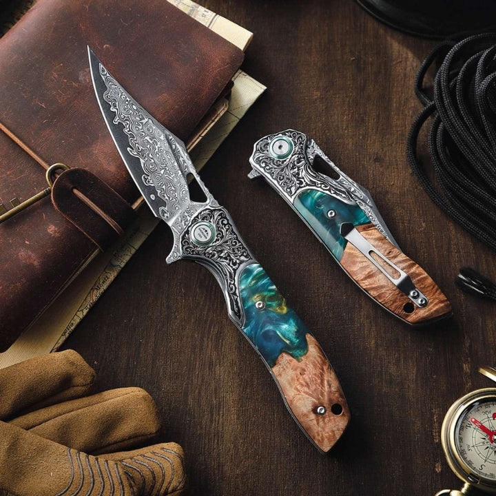 Pocket Knife - Ares Japanese Handmade Pocket Knife with Olive Burl Wood &amp; Resin Handle - Shokunin USA