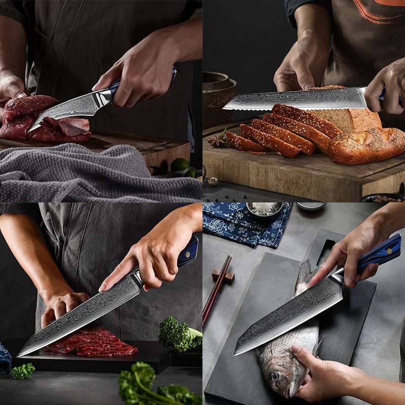 Chef Knife Set - Azure Japanese VG10 Damascus Chef Knife Set with G10 Handle and Sheath - Shokunin USA