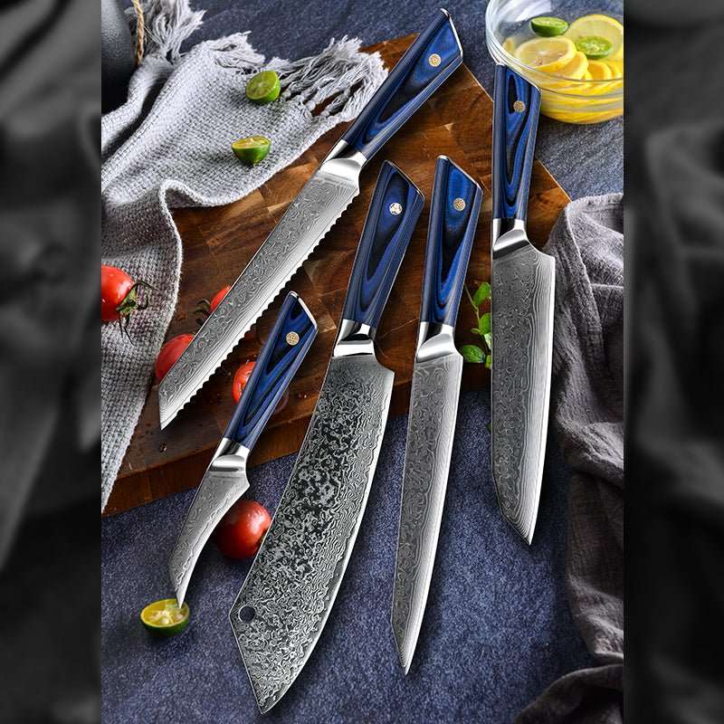 Chef Knife Set - Azure Japanese VG10 Damascus Chef Knife Set with G10 Handle and Sheath - Shokunin USA