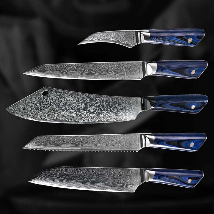 Chef Knife Set - Azure Japanese VG10 Damascus Chef Knife Set with G10 Handle and Sheath - Shokunin USA