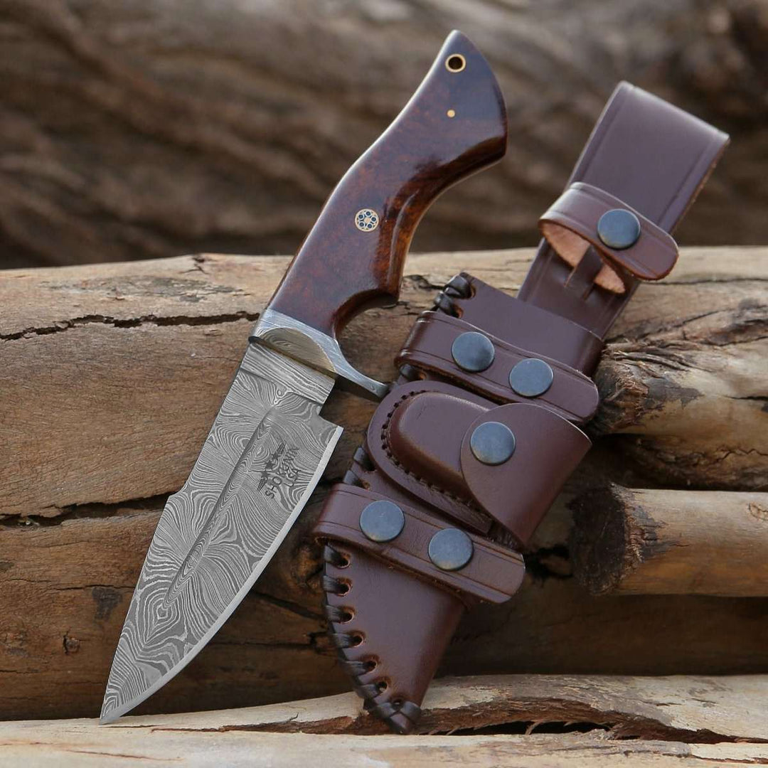 bolt knives - Bolt Damascus Custom Hunting Knife with Exotic Rose Wood Handle - Shokunin USA