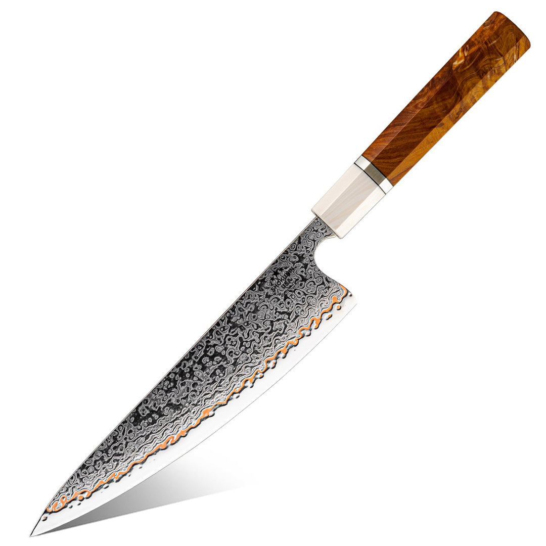 Chef knife - Raiden Handmade Japanese Chef Knife - 8.0" VG10, 1095 & Copper Damascus Steel Blade, Exotic Rosewood Burl Composite Handle - Shokunin USA