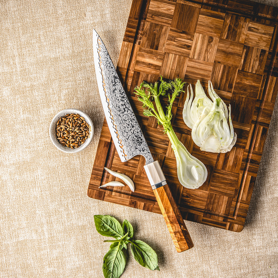 Chef knife - Raiden Handmade Japanese Chef Knife - 8.0" VG10, 1095 &amp; Copper Damascus Steel Blade, Exotic Rosewood Burl Composite Handle - Shokunin USA