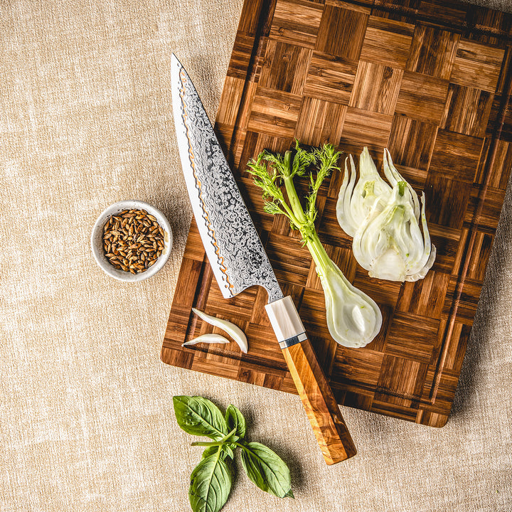 Chef knife - Raiden Handmade Japanese Chef Knife - 8.0" VG10, 1095 &amp; Copper Damascus Steel Blade, Exotic Rosewood Burl Composite Handle - Shokunin USA