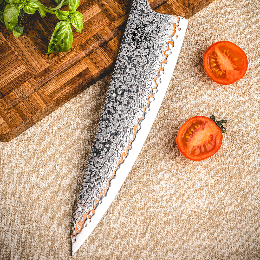 Chef knife - Raiden Handmade Japanese Chef Knife - 8.0" VG10, 1095 &amp; Copper Damascus Steel Blade, Exotic Rosewood Burl Composite Handle - Shokunin USA