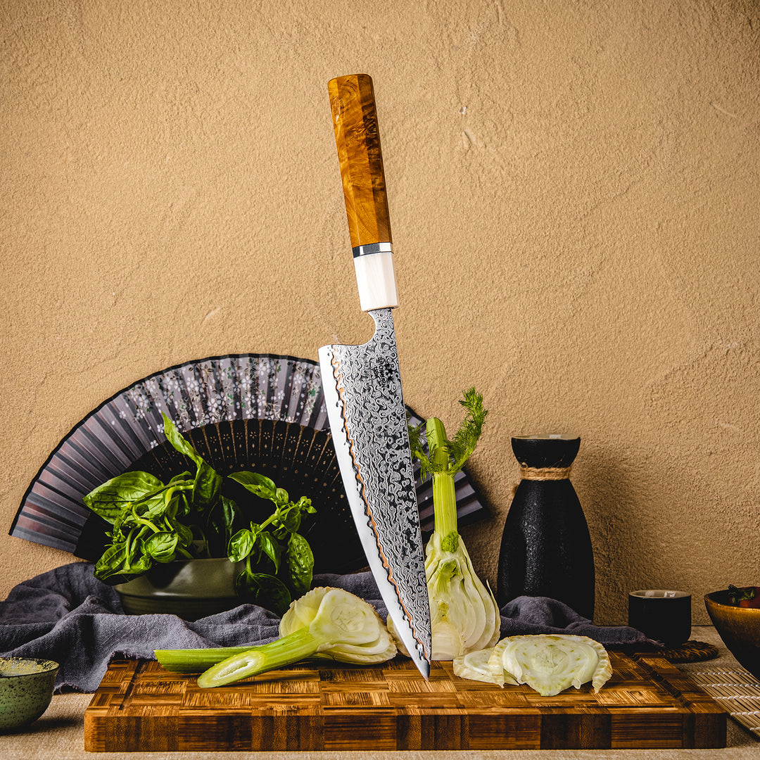Chef knife - Raiden Handmade Japanese Chef Knife - 8.0" VG10, 1095 &amp; Copper Damascus Steel Blade, Exotic Rosewood Burl Composite Handle - Shokunin USA