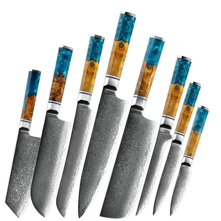 Chef Knife Set - Allure Professional Japanese VG10 Damascus 8-Pcs Knife Set with Exotic Olive Burl Wood &amp; Resin Handle - Shokunin USA