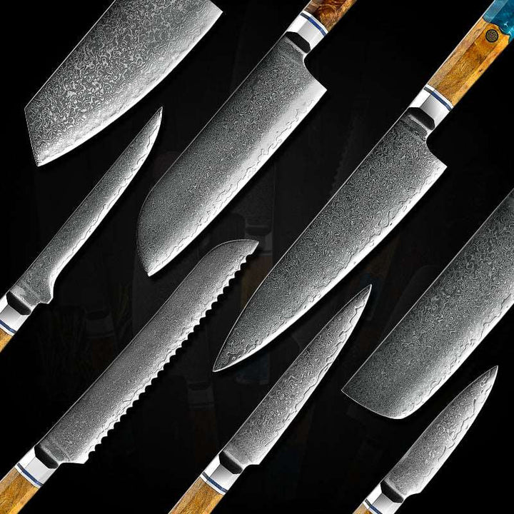 Chef Knife Set - Allure Professional Japanese VG10 Damascus 8-Pcs Knife Set with Exotic Olive Burl Wood &amp; Resin Handle - Shokunin USA