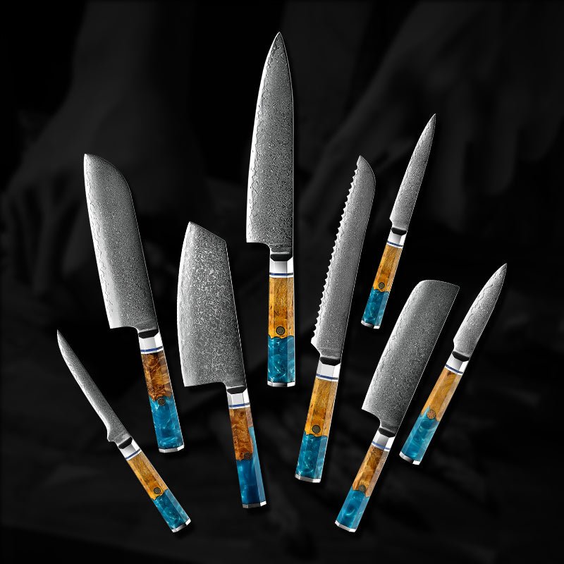 Chef Knife Set - Allure Professional Japanese VG10 Damascus 8-Pcs Knife Set with Exotic Olive Burl Wood & Resin Handle - Shokunin USA