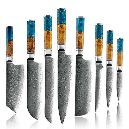 Chef Knife Set - Allure Professional Japanese VG10 Damascus 8-Pcs Knife Set with Exotic Olive Burl Wood & Resin Handle - Shokunin USA
