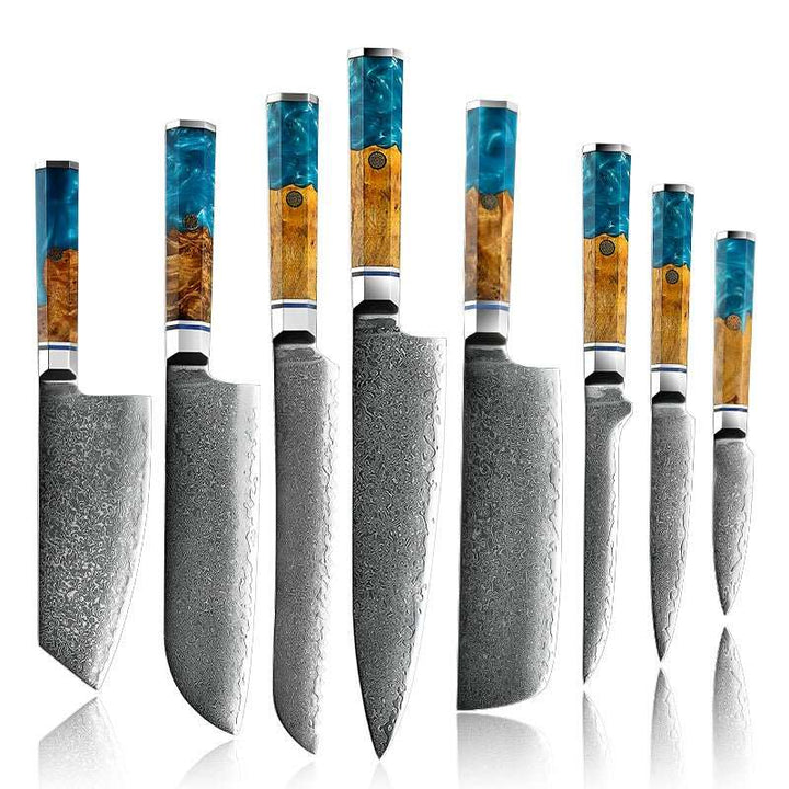 Chef Knife Set - Allure Professional Japanese VG10 Damascus 8-Pcs Knife Set with Exotic Olive Burl Wood &amp; Resin Handle - Shokunin USA