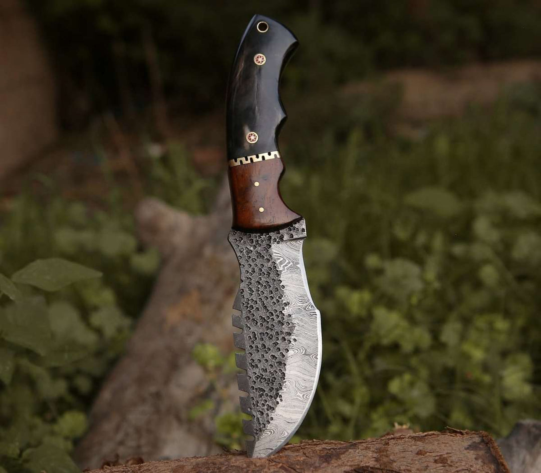 Crest Damascus Tracker Knife with Exotic Rose Wood and Horn Handle - Shokunin USA