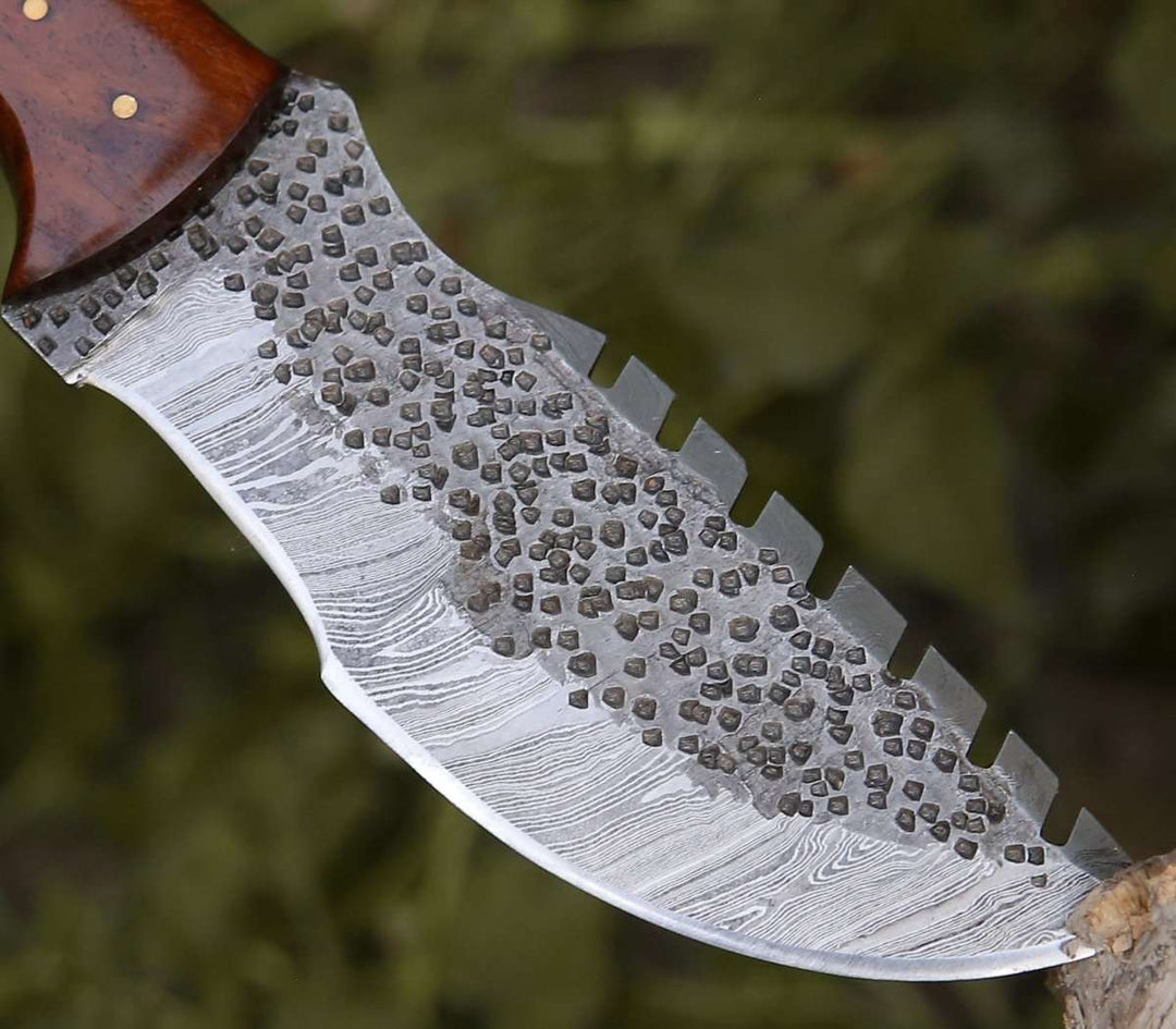 Crest Damascus Tracker Knife with Exotic Rose Wood and Horn Handle - Shokunin USA