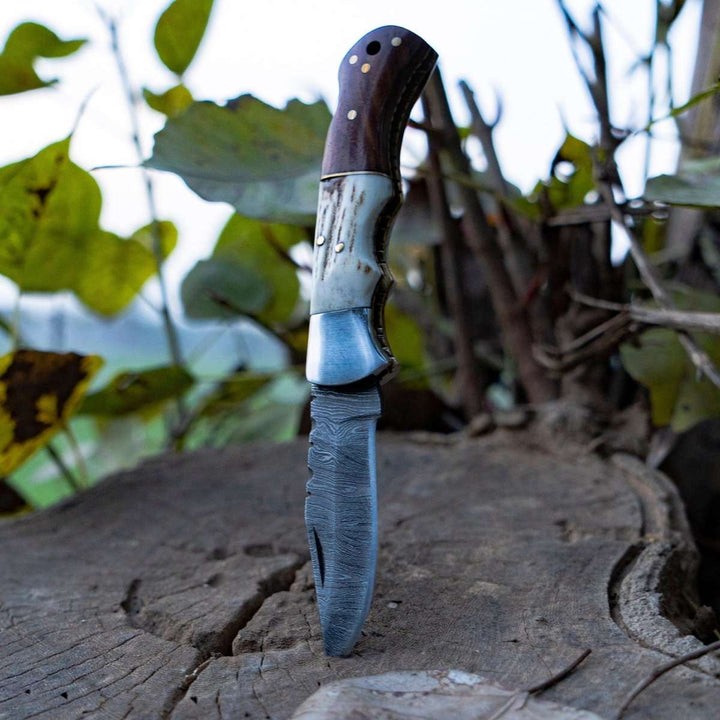 damascus pocket knife with rosewood handle - Echo Damascus Pocket Knife with Stag Horn/Antler &amp; Rosewood Handle - Shokunin USA