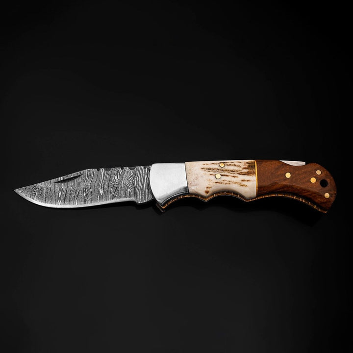 personalized pocket knife with antler handle - Echo Damascus Pocket Knife with Stag Horn/Antler &amp; Rosewood Handle - Shokunin USA