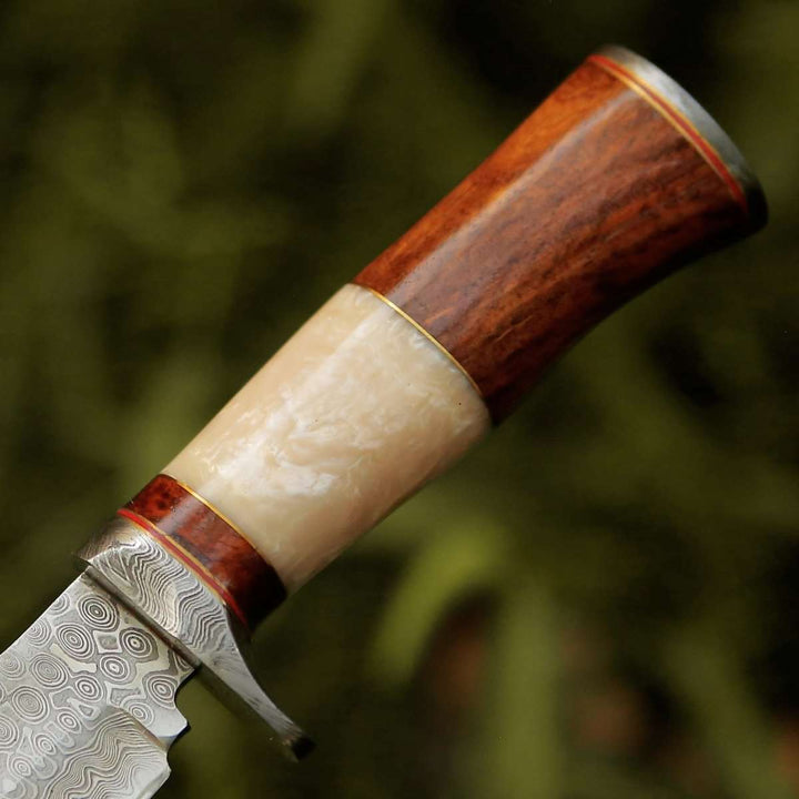 Elite Damascus Hunting Knife with Mother of Pearl &amp; Rose Wood Handle - Shokunin USA