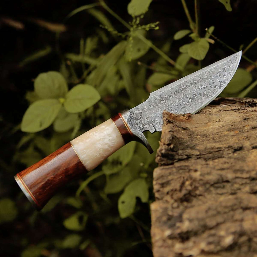 Elite Damascus Hunting Knife with Mother of Pearl &amp; Rose Wood Handle - Shokunin USA