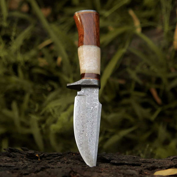 Elite Damascus Hunting Knife with Mother of Pearl &amp; Rose Wood Handle - Shokunin USA