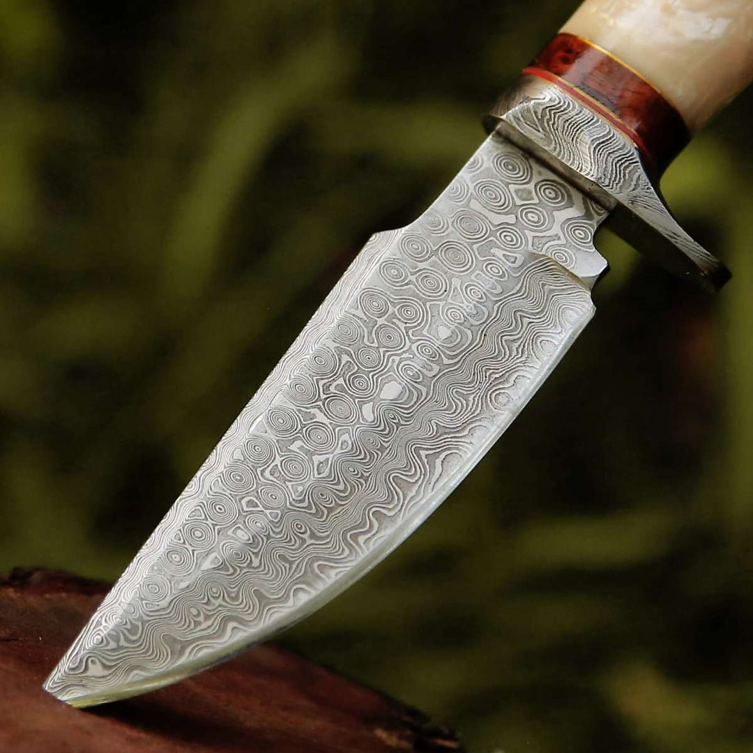 Elite Damascus Hunting Knife with Mother of Pearl &amp; Rose Wood Handle - Shokunin USA
