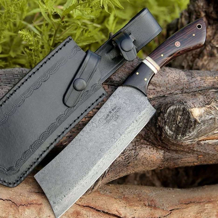 Ember Damascus Cleaver Knife with Bone &amp; Exotic Wenge Wood Handle - Shokunin USA