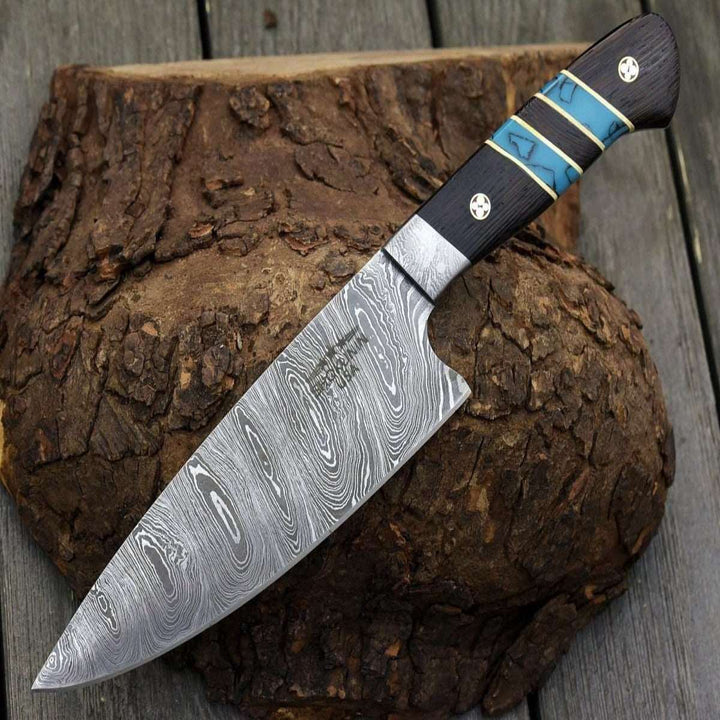 Chef knife - Epicurian Damascus Chef Knife with Exotic Wenge Wood &amp; Turquoise Handle - Shokunin USA