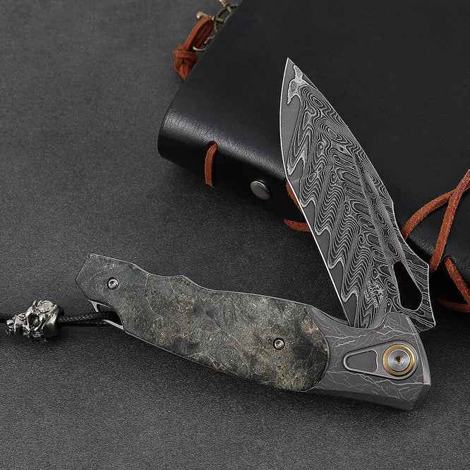 Feoh Japanese Damascus Pocket Knife VG10 with Stained Maple Burl Handle - Shokunin USA