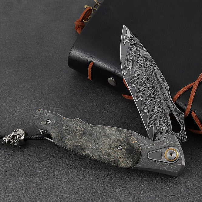 Feoh Pocket Knife – Feoh Japanese Damascus Pocket Knife VG10 with Stained Maple Burl Handle – shokuninusa