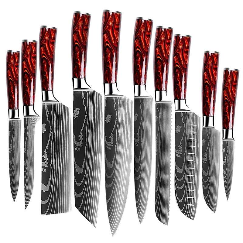 Fujin 10 Pcs Handmade Chef's Knife Damascus Pattern HC Steel Chef's Set with Sheath - Shokunin USA