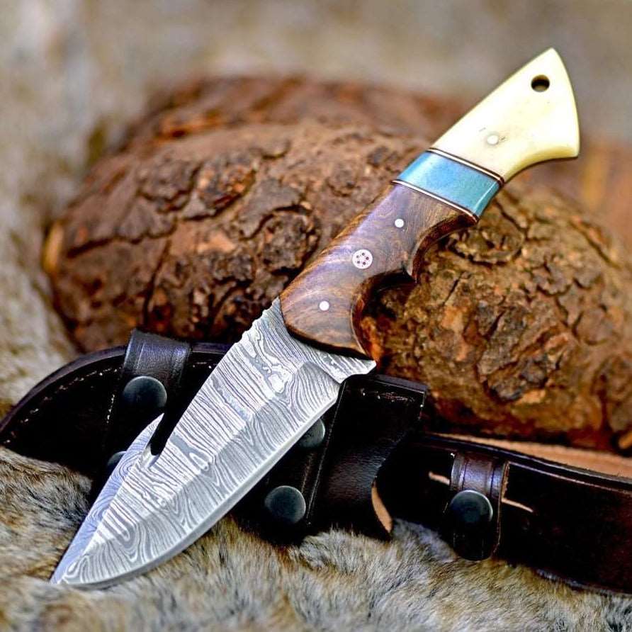 Gravity Damascus Gut Hook Hunting Knife with Exotic Rose Wood and Bone Handle - Shokunin USA