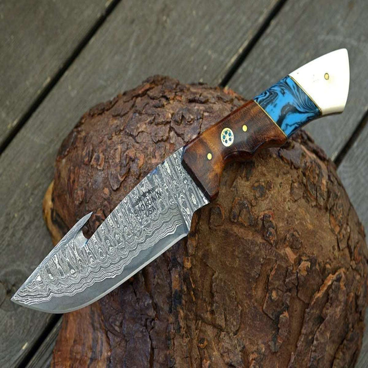 Damascus Knife - Harmony Gut Hook Hunting Knife with Rosewood Bone &amp; Turquoise Handle - Shokunin USA