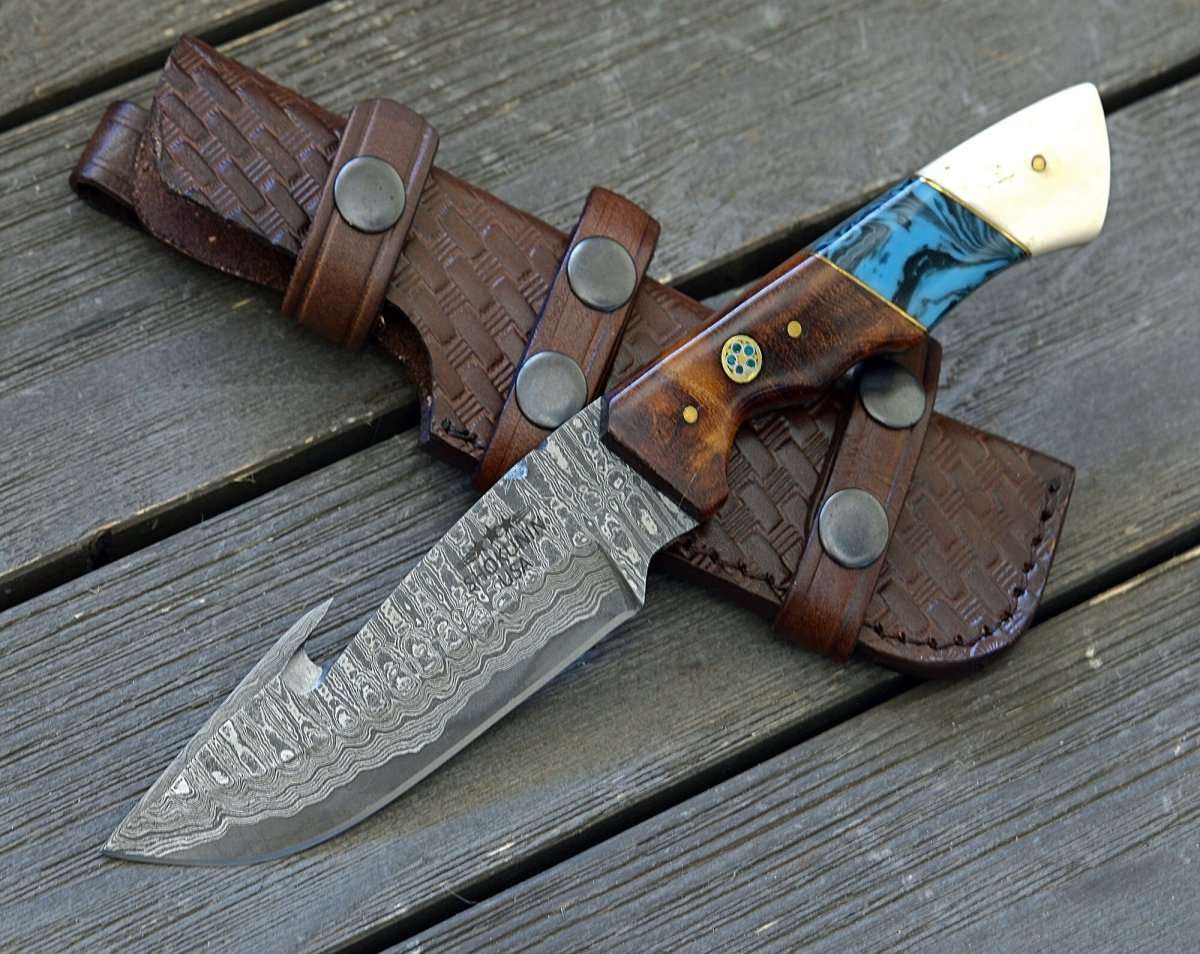 Harmony Gut Hook Hunting Knife with Rosewood Bone & Turquoise Handle - Shokunin USA